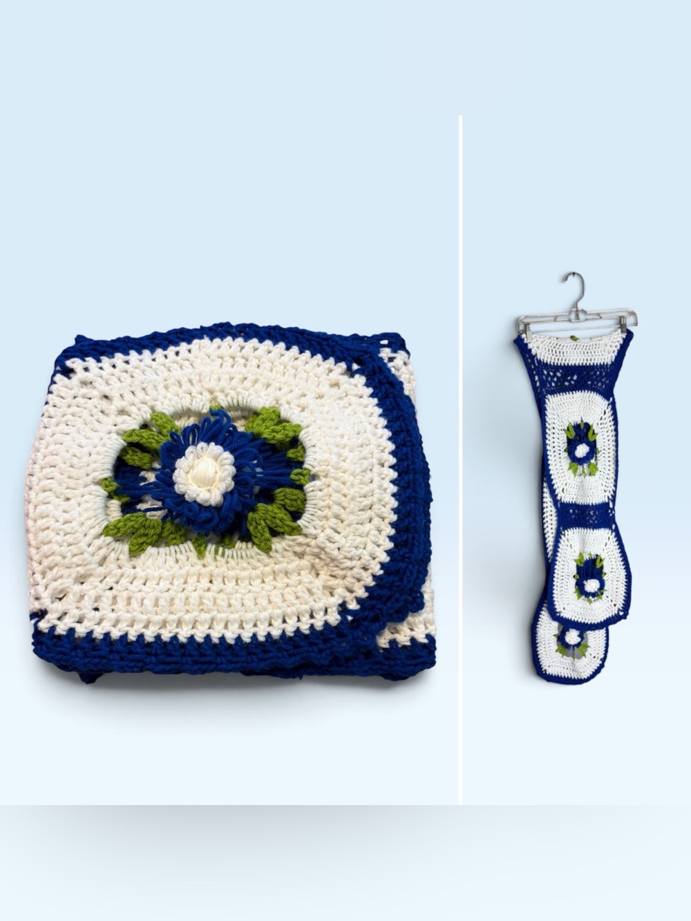 Handmade Crochet Floral Table Runner 74" Blue White Green Raised Flowers